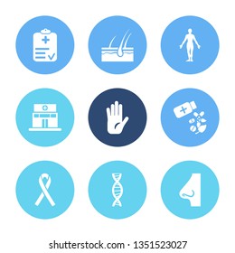 Healthcare icon set and dna with hiv ribbon, human body and nose. Hand related healthcare icon vector for web UI logo design.