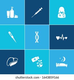 Healthcare icon set and dna with syringe, herbal medicine and sleep. Injection related healthcare icon vector for web UI logo design.