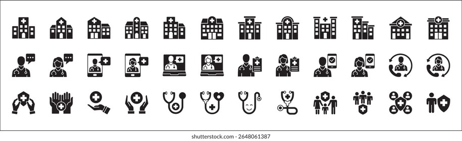 Healthcare icon set. Doctor and hospital icon. Icon set contains hospital, doctor, consultation, clinic, stethoscope, nurse, health insurance, family, emergency, online service. Vector illustration.