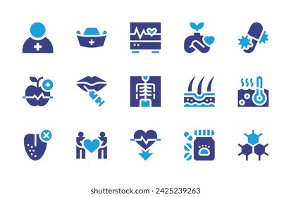 Healthcare icon set. Duotone color. Vector illustration. Containing patient, ecg, antibiotic, nurse, self love, wellness, x ray, water temperature, botox, skin, loss of sense of taste, heart rate.