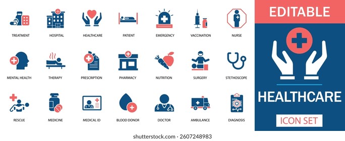 Healthcare Icon Set
An editable healthcare icon set featuring hospital, doctor, emergency, vaccination, and medical symbols, perfect for medical services, telemedicine, and health apps.