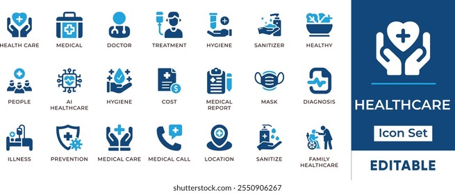 Healthcare Icon Set. Features editable icons for medical symbols, doctor, hospital, health, hygiene, and more. Perfect for healthcare, medical, and wellness designs.