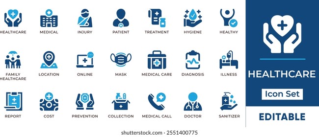 Healthcare Icon Set. Features editable icons for medical, doctor, hospital, clinic, healthcare, medicine, and more. Perfect for medical, healthcare, and pharmaceutical designs.