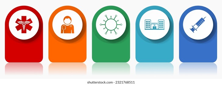 Healthcare icon set, flat design miscellaneous colorful icons such as emergency, doctor, virus, hospital and syringe for webdesign and mobile applications, infographic vector template in eps 10