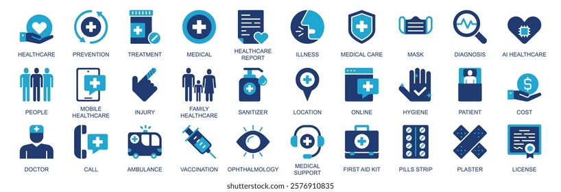 Healthcare icon set in flat duotone solid icons web design. Pack pictograms with prevention, treatment, medical report, illness, care, mask, diagnosis, injury, sanitizer, other. Vector illustration.