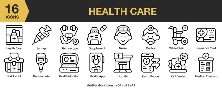 Healthcare icon set. Includes medicine, doctor, medical, health, hospital, care, and More. Outline icons vector collection.