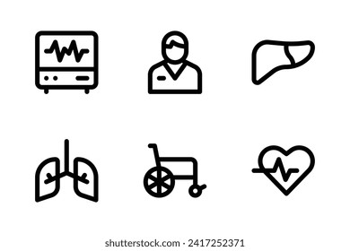 Healthcare icon set including heart rate monitor, doctor, liver, lung, wheelchair, and heart rate.