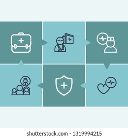 Healthcare icon set and injure patient with doctor cardiogram, medical assistance and medical care. Doctor bag related healthcare icon vector for web UI logo design.