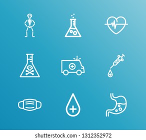 Healthcare icon set and mask with lab, heartbeat and poison. Syringe related healthcare icon vector for web UI logo design.