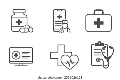 Healthcare icon set. Medical assistance, doctor and medication symbols. Isolated vector images in simple style