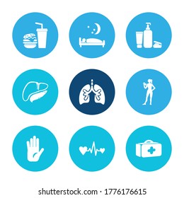 Healthcare icon set and medical case with cardiogram, pancreas and lung. Pulmonary related healthcare icon vector for web UI logo design.