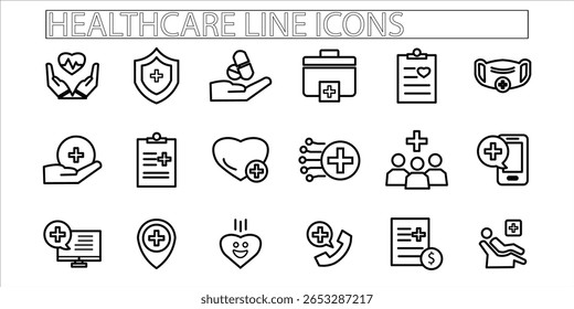 Conjunto de ícones da área de saúde. médico, saúde, relatório, ícones de vetor Linha.