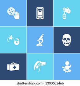 Healthcare icon set and microscope with gallbladder, oncology and tooth floss. Glucose related healthcare icon vector for web UI logo design.