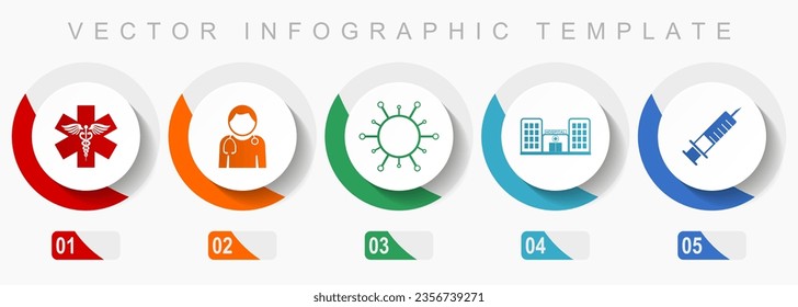 Healthcare icon set, miscellaneous icons such as emergency, doctor, virus, hospital and syringe, flat design vector infographic template, web buttons in 5 color options