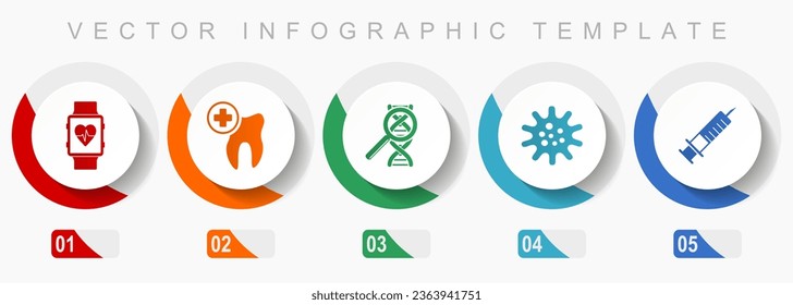 Healthcare icon set, miscellaneous icons such as smartwatch, dentist, dna, virus and syringe, flat design vector infographic template, web buttons in 5 color options