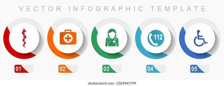 Healthcare icon set, miscellaneous icons such as cadyceus, first aid, doctor, emergency call and wheelchair, flat design vector infographic template, web buttons in 5 color options
