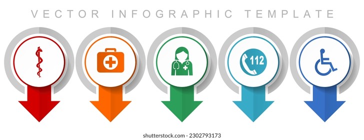 Conjunto de iconos de la sanidad, iconos de punteros diversos como cadyceus, primeros auxilios, doctor, llamadas de emergencia y silla de ruedas para diseño web y aplicaciones móviles, plantilla de vectores de infografía de diseño moderno