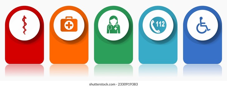 Healthcare icon set, miscellaneous vector icons such as cadyceus, first aid, doctor, emergency call and wheelchair, modern design infographic template, web buttons in 5 color options