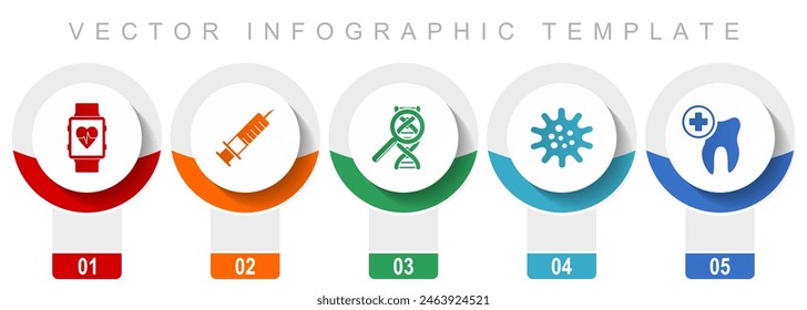 Healthcare icon set, miscellaneous vector icons such as smartwatch, dentist, dna, virus and syringe, modern design infographic template, web buttons in 5 color options