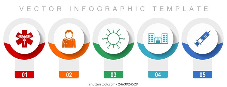 Healthcare icon set, miscellaneous vector icons such as emergency, doctor, virus, hospital and syringe, modern design infographic template, web buttons in 5 color options