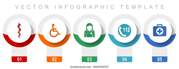 Healthcare icon set, miscellaneous vector icons such as cadyceus, first aid, doctor, emergency call and wheelchair, modern design infographic template, web buttons in 5 color options