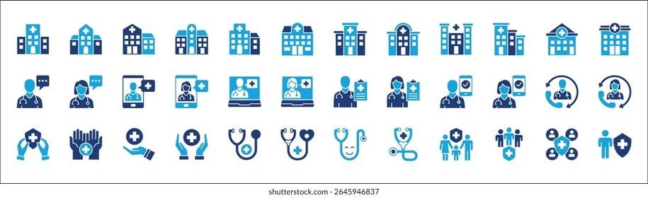 Conjunto de ícones do setor de saúde. Ícone de saúde digital dos aplicativos móveis. Conjunto de ícones contém hospital, médico, consulta, clínica, estetoscópio, enfermeiro, seguro de saúde, família, emergência, serviço on-line.