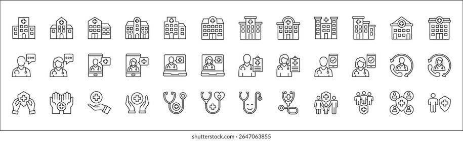 Healthcare icon set. Mobile apps digital health care icon. Icon set contains hospital, doctor, consultation, clinic, stethoscope, nurse, health insurance, family, emergency, online service.
