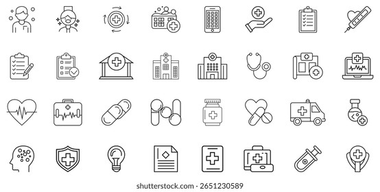 Healthcare Icon Set: Modern Line Art Graphics for Medical, Wellness, and Pharmaceutical Branding; Clean, Minimalist Style; Positive, Hopeful Mood;  Perfect for Websites, Apps, and Marketing Materials.