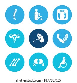 Healthcare icon set and muscles with sexology, disability and bones. Gender related healthcare icon vector for web UI logo design.