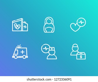 Healthcare icon set and pregnant woman with ambulance, doctor cardiogram and medical volunteer. Pharmacy related healthcare icon vector for web UI logo design.