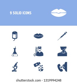 Healthcare icon set and surgery with syringe, herbal medicine and microscope. Beauty related healthcare icon vector for web UI logo design.