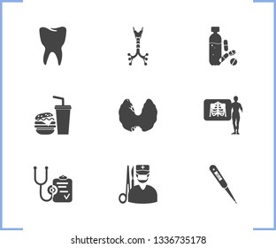 Healthcare icon set and surgery with tooth, x-ray and trachea. Throat related healthcare icon vector for web UI logo design.