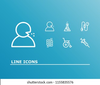 Healthcare icon set and syringe with flu, lab and wheelchair. Handicap related healthcare icon vector for web UI logo design.