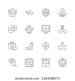 Healthcare icon set. Thin line icon. Editable stroke. Containing benefits, chat, dentist, eye, good heart, health insurance, health, heart rate monitor, inhaler, medical, medical service.