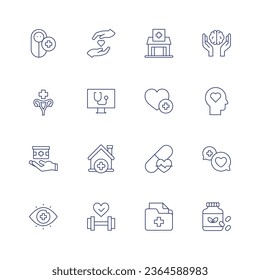 Healthcare icon set. Thin line icon. Editable stroke. Containing baby, care, cervical cancer, computer, delivery, eye, fitness, health clinic, heart, home, magnesium, medical records, mental health.