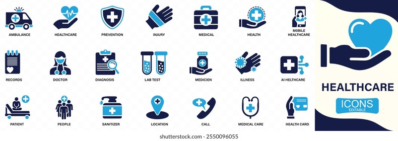 Conjunto de iconos de atención médica, tratamiento, prevención, medicina, salud, diagnóstico, informe, enfermedad, lesión, puede cambiar fácilmente el color.