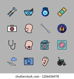 healthcare icon set. vector set about lens, wheelchair, medicine and dentist tools icons set.