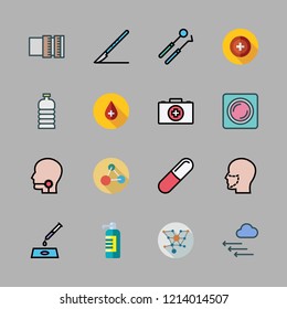 healthcare icon set. vector set about soap dispenser, water bottle, scalpel and molecules icons set.