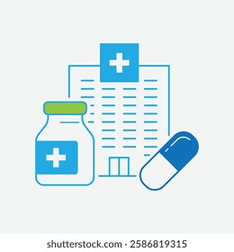 Healthcare icon set vector concept illustrations. Containing treatment, prevention, medical, health, diagnosis, report, illness, injury and more. Solid vector symbol icons collection.