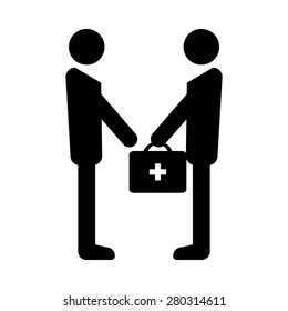 Healthcare icon symbol with medical representative person with kit with cross for pharmaceutical supply of medicine for treatment and cure for health  in a glyph pictogram illustration