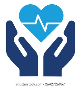 healthcare icon. Two stylized hands in dark blue uplift a light blue heart.