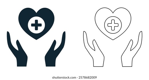 healthcare icon vector hand holding a heart with a medical cross, for hospitals, clinics, wellness, insurance, and charity pictogram symbol ui and ux design, glyphs and stroke line