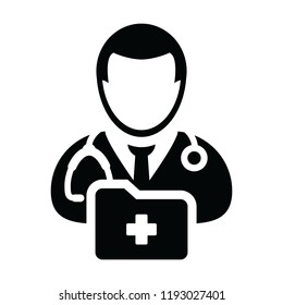 Healthcare icon vector male doctor person profile avatar with stethoscope and medical report folder for medical consultation in Glyph pictogram illustration