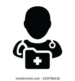 Healthcare icon vector male doctor person profile avatar with stethoscope and medical report folder for medical consultation in Glyph pictogram illustration