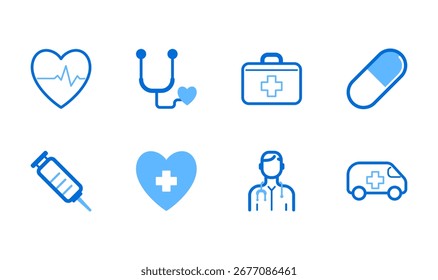 Healthcare icon vector set featuring medical symbols, health, care, heart, doctor, nurse, hospital, clinic, medicine, pill, vaccine, ambulance, stethoscope.