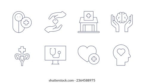 Healthcare icons. Editable stroke. Containing baby, care, cervical cancer, computer, health clinic, heart, mental health, physical wellbeing.