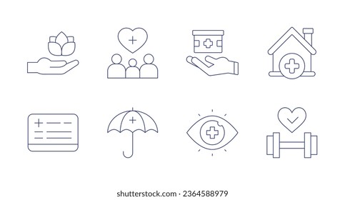 Healthcare icons. Editable stroke. Containing delivery, eye, fitness, home, lotus flower, medical record, support, umbrella.