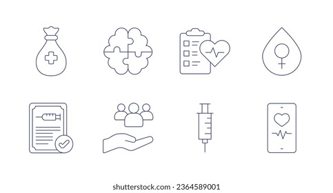 Healthcare icons. Editable stroke. Containing aid, brain, certificate, community, health check, healthcare and medical, menstruation, phone.