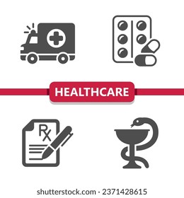 Healthcare Icons. Health Care, Ambulance, Pills, Drugs, Prescription, Bowl of Hygieia Vector Icon