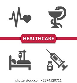 Healthcare Icons. Health Care, Bowl Of Hygieia, Hospital Bed, Vaccine, Syringe Vector Icon